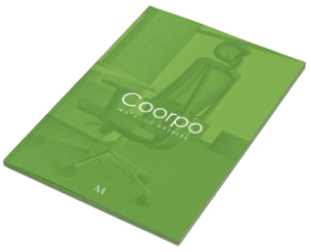 Ikona katalogu marki Coorpo - broszura z napisem i zarysem krzeseł biurowych.
